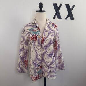 Vintage 80s Pastel Topical Floral Print Open Front Shirt Jacket Indie M